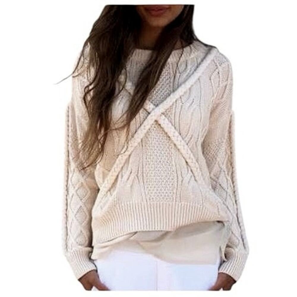 Viktoria & Woods Plait Cotton Knit Crewneck Pullover Sweater Cream EUC Size S